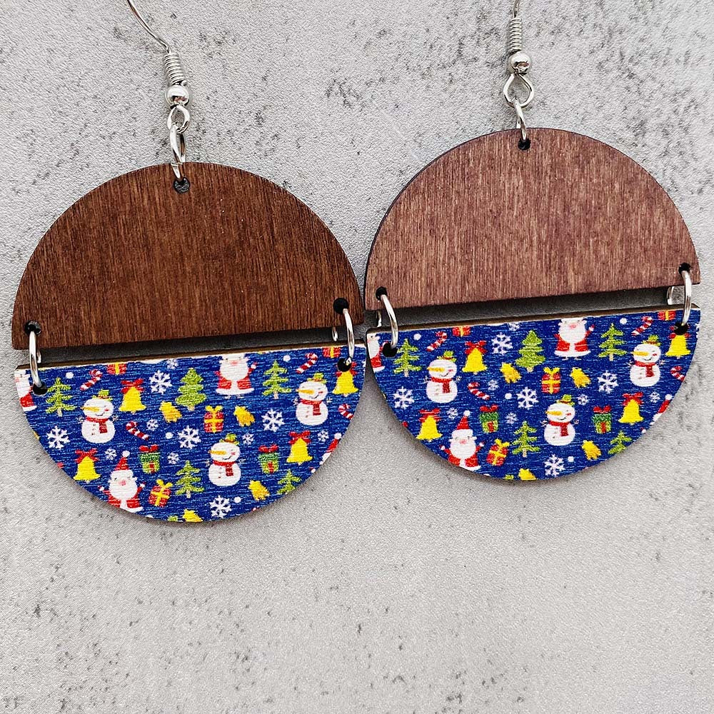 Wholesale Christmas Half Round Wood Chips Patchwork Earrings